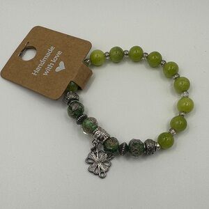 Handmade Green Beaded Bracelet with Silver Accents